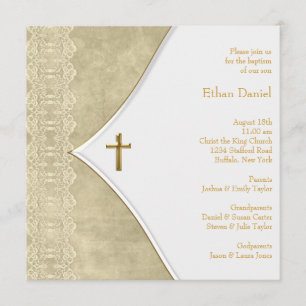 Vintage Ivory Gold Cross Baby Christening Invitation