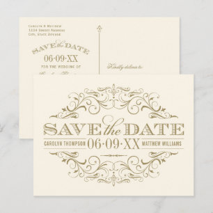 Vintage Ivory Gold Flourish Save the Date Announcement Postcard