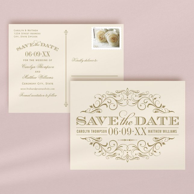 Vintage Ivory Gold Scrollwork Save the Date Announcement Postcard (Creator Uploaded)
