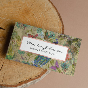 Vintage Ivory Green Blue Pink Peacock Collage Business Card