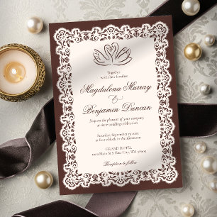 Vintage Ivory Lace Elegant Brown Swan Wedding Invitation