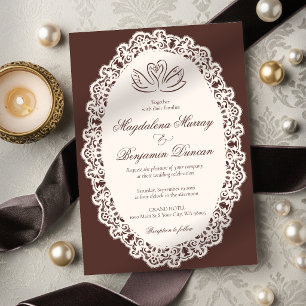 Vintage Ivory Lace Elegant Brown Swan Wedding Invitation