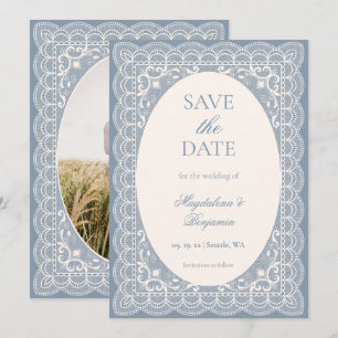 Vintage Ivory Lace Elegant Dusty Blue Chic Wedding Save The Date