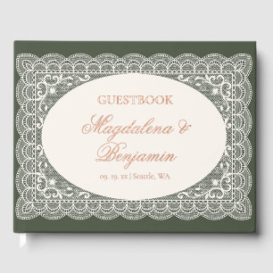 Vintage Ivory Lace Elegant Olive Green Wedding Guest Book