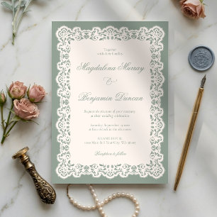 Vintage Ivory Lace Elegant Sage Green Chic Wedding Invitation