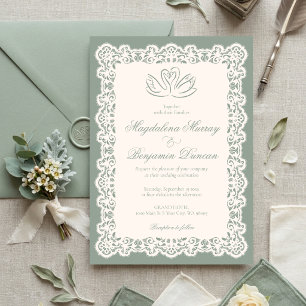 Vintage Ivory Lace Elegant Sage Green Swan Wedding Invitation