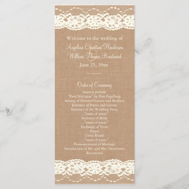 Vintage Ivory Lace & Medium Burlap Wedding Program (Front)