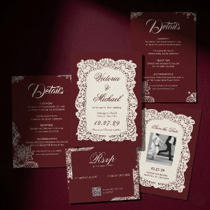 Vintage Ivory Paper Lace Burgundy Wedding Invite