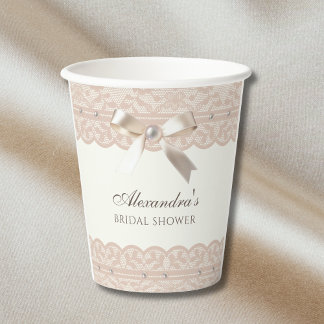 Vintage ivory Pearl Satin Bow Lace Bridal Shower Paper Cups