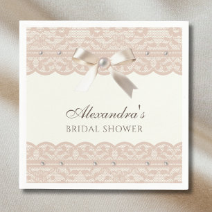 Vintage Ivory Pearls Satin Bow Lace Bridal Shower Napkin