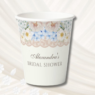 Vintage Ivory Peony Blue Hydrangea Bridal Shower Paper Cups