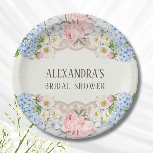 Vintage Ivory Peony Blue Hydrangea Bridal Shower Paper Plate