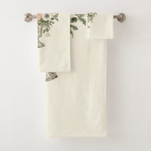 Vintage ivory pink blue mauve green flowers bath towel set