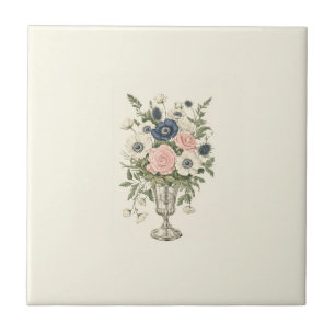 Vintage ivory pink blue mauve green flowers tile