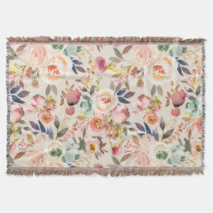 Vintage ivory pink brown watercolor rustic floral throw blanket