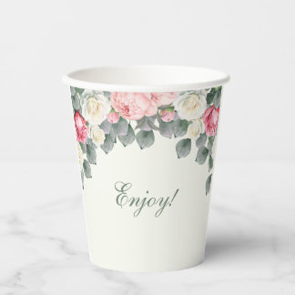 Vintage Ivory Pink Garden Roses Bridal Shower Paper Cups