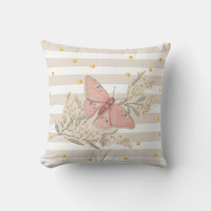 Vintage ivory white gold pink floral butterfly throw pillow
