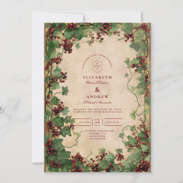 Vintage Ivy and Berries Wedding Invitation (Front)
