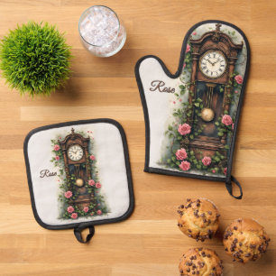 Vintage Ivy Rose Grandfather Clock Oven Mitt & Pot Holder Set