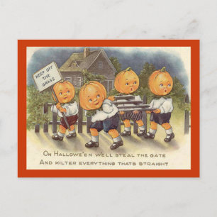 Vintage Jack o' Lantern Boys Steeling Gate Postcard