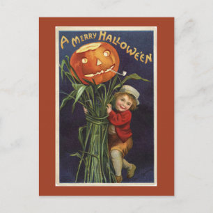 Vintage Jack-o-Lantern Cornstalk and Boy Halloween Postcard