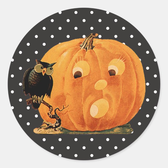 Vintage Jack O Lantern & Owl  Classic Round Sticker (Front)