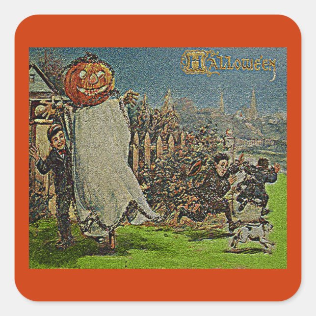 Vintage Jack o'Lantern Scarecrow and Boys Square Sticker (Front)