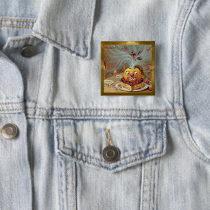 Vintage Jack o'Lantern with Witches Gold Trim 2 Inch Square Button