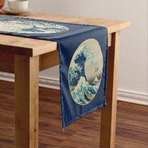 Vintage Japan, Great Wave off Kanagawa love kanji  Short Table Runner