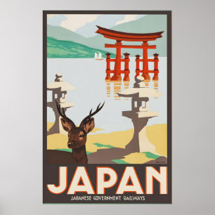 Vintage Japan Miyajima Torii Gate Travel Poster