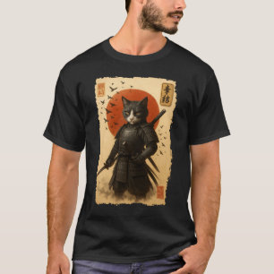 Vintage Japanese Art Anime Graphic Samurai Cat War T-Shirt