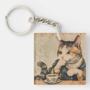 Vintage Japanese art cute cat with a cup of tea Keychain