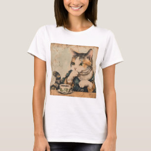 Vintage Japanese art cute cat with a cup of tea T-Shirt