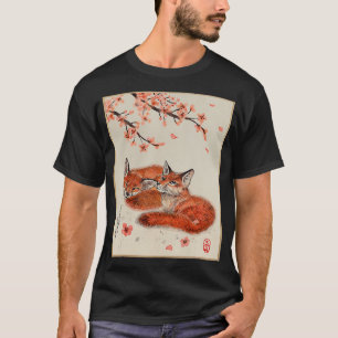 Vintage Japanese Art Fox Cherry Blossom Woodblock  T-Shirt