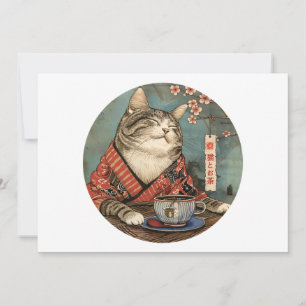 Vintage japanese art happy cat with a cup of tea thank you card