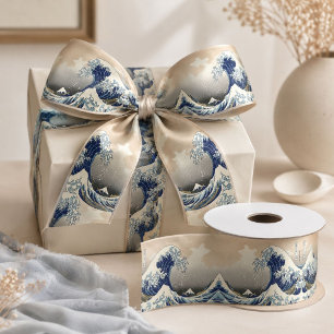 vintage japanese art ocean landscape great wave satin ribbon