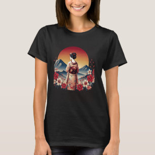 Vintage Japanese Art sunset Mountain Floral Geisha T-Shirt