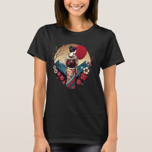 Vintage Japanese Art sunset Mountain Floral Geisha T-Shirt