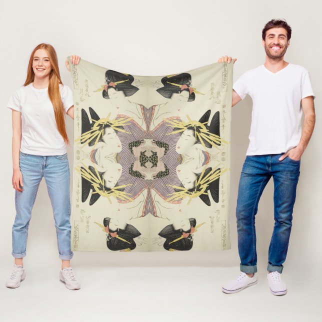 Vintage Japanese Art Two Woman Fleece Blanket (In Situ)