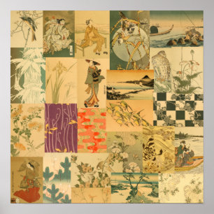 Vintage Japanese Asian Art Collage Wall Pattern Poster
