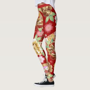 Vintage Japanese Asian Red Floral Art Pattern Leggings