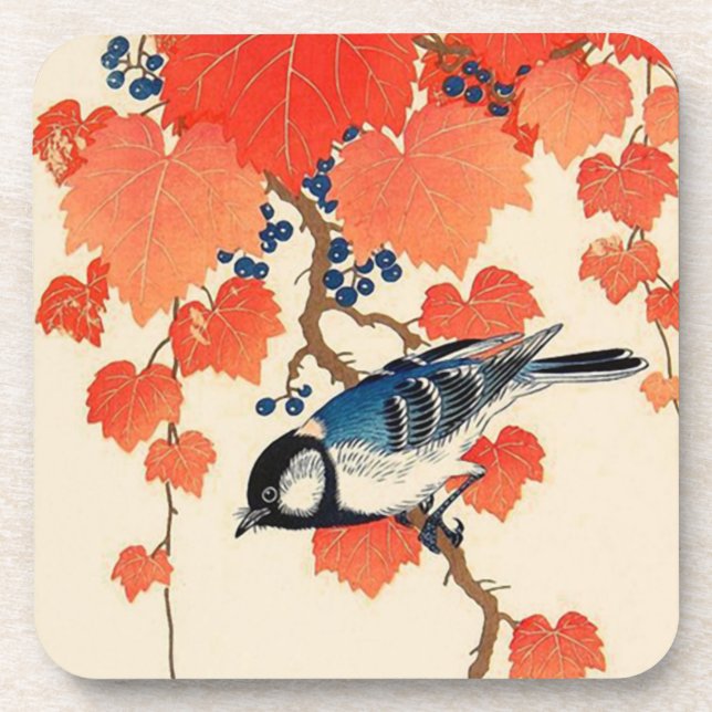 Vintage Japanese Bird and Autumn Grapevine   Coaster (Front)