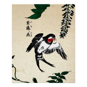Vintage Japanese Bird and Wisteria Poster