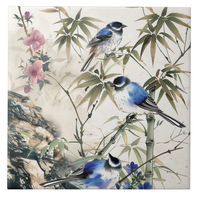 Vintage Japanese Bird Blossom Tile (Front)