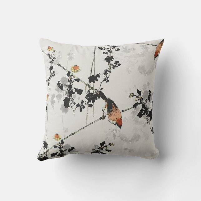 Vintage Japanese Bird Japandi Throw Pillow (Back)