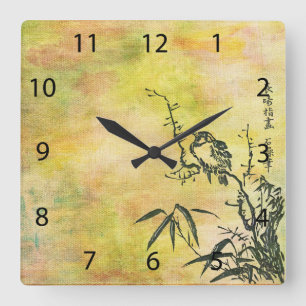 Vintage Japanese Bird Square Wall Clock