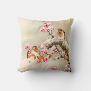 Vintage japanese birds on a branch throw pillow
