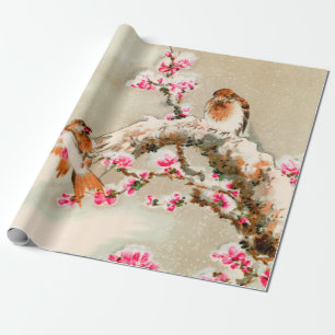 Vintage japanese birds on a branch wrapping paper