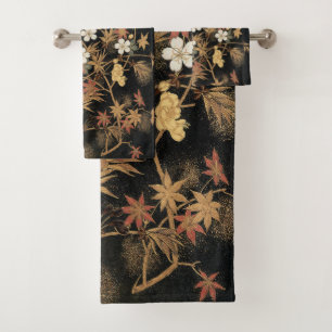 Vintage Japanese Black Gold Autumn Floral Art Bath Towel Set