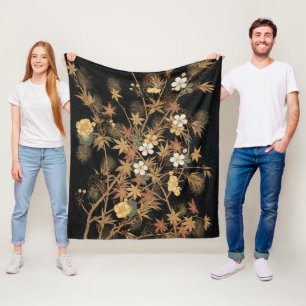 Vintage Japanese Black Gold Autumn Floral Art Fleece Blanket